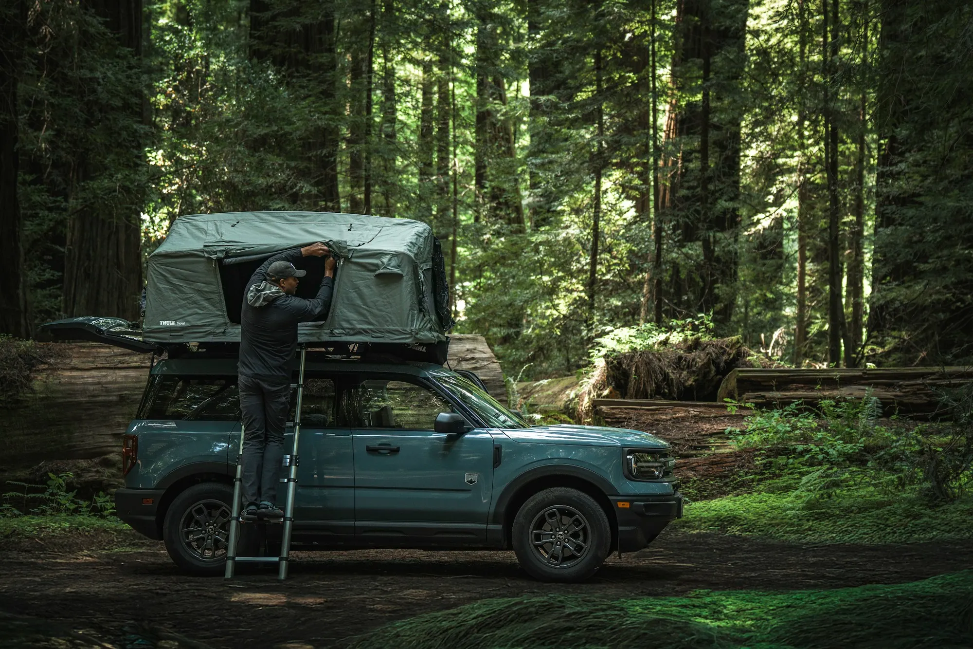 Person baut ein Dachzelt auf einem SUV im Wald auf